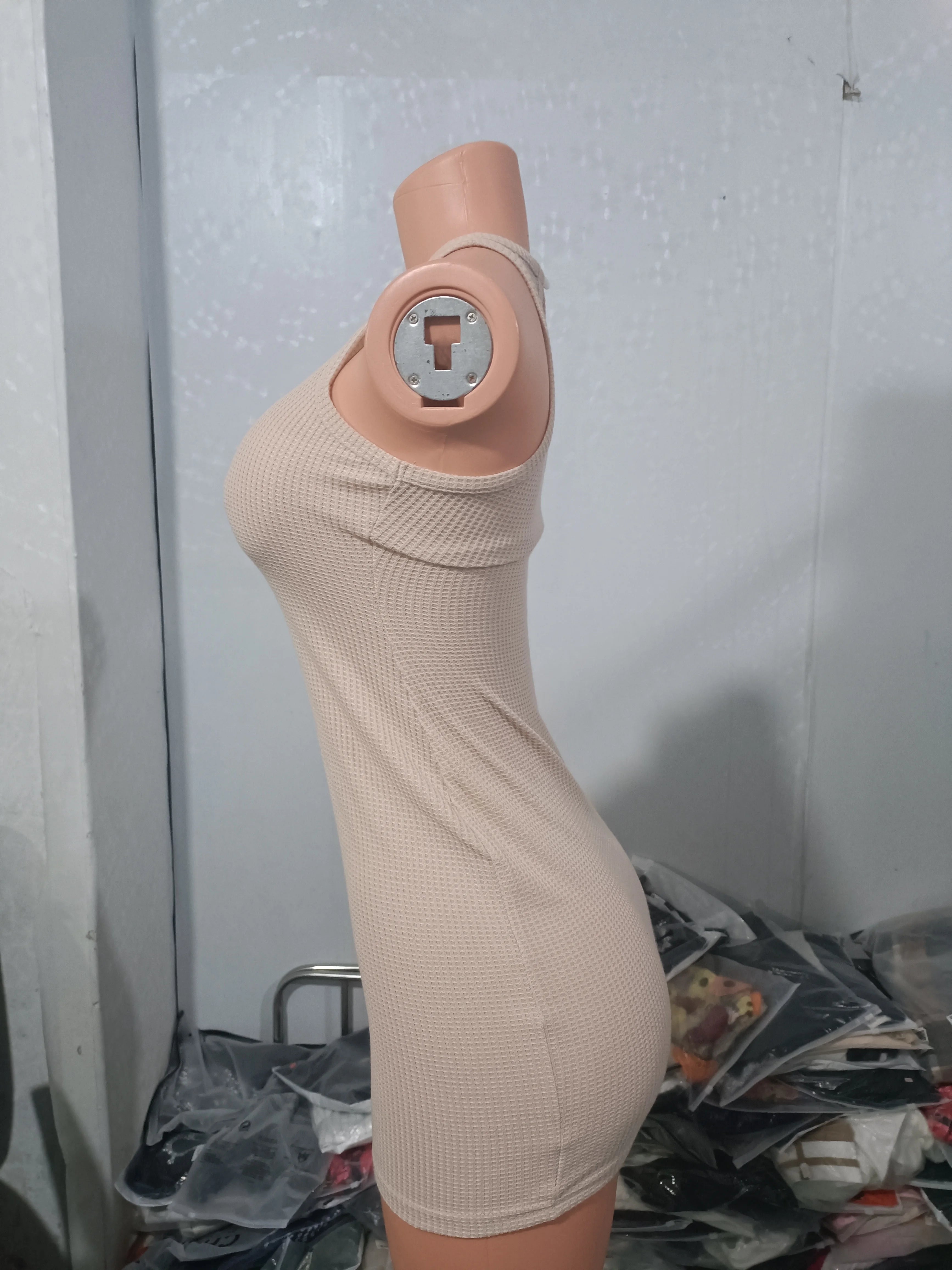 Sexy Dresses for Women 2023 Summer Vestidos Fashion New Sleeveless O-neck Keyhole Back Textured Mini Skinny Solid Color Dress