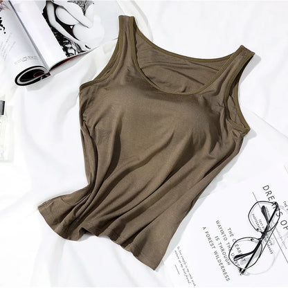 Women's Vest Tops With Built In Bra Neck Vest Padded Slim Fit Tank Tops Sexy Shirts Feminino Casual Underlay shirt slimming