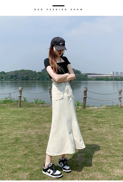 Apricot Denim Skirt Summer Women's 2024 New High Waist Slim Fashion Design Pocket Hip A-line Ankle-length Jean Skirt