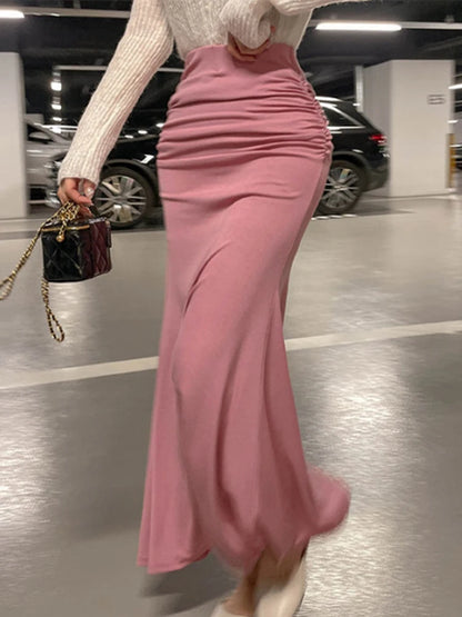 Shirring Satin Skirts for Women High Waisted Skirt 2025 Women A-Line Elegant Skirts Summer Pink Midi Skirt New Korean Style