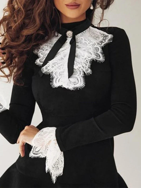 2025 Women's Dresses Fashion Elegant Sexy Long Sleeve Lace Bell Sleeve Ruffle Dress OL Classic Romantic Patchwork Mini Dress