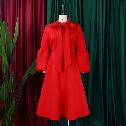 Elegant Dresses for Women Bow Collar Full Sleeve High Waisted A Line Mid Calf Luxury Female Birthday Party Dinner Vestidos Mujer