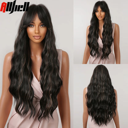 Long Wavy Wine Red Synthetic Wigs Natural Wave Afro Wigs With Bangs for Black Women Cosplay Costume Wig Heat Resistant Fiber