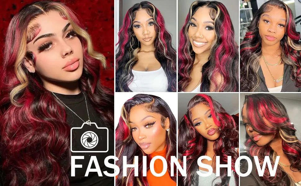 Highlight 5x5 Glueless Wigs Human Hair Pre Plucked Pre Cut Black Hair With Red blonde highlight Body Wave Wigs Human Hair 200%