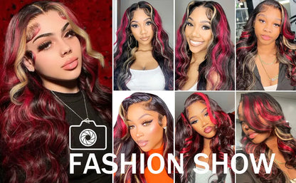 Highlight 5x5 Glueless Wigs Human Hair Pre Plucked Pre Cut Black Hair With Red blonde highlight Body Wave Wigs Human Hair 200%