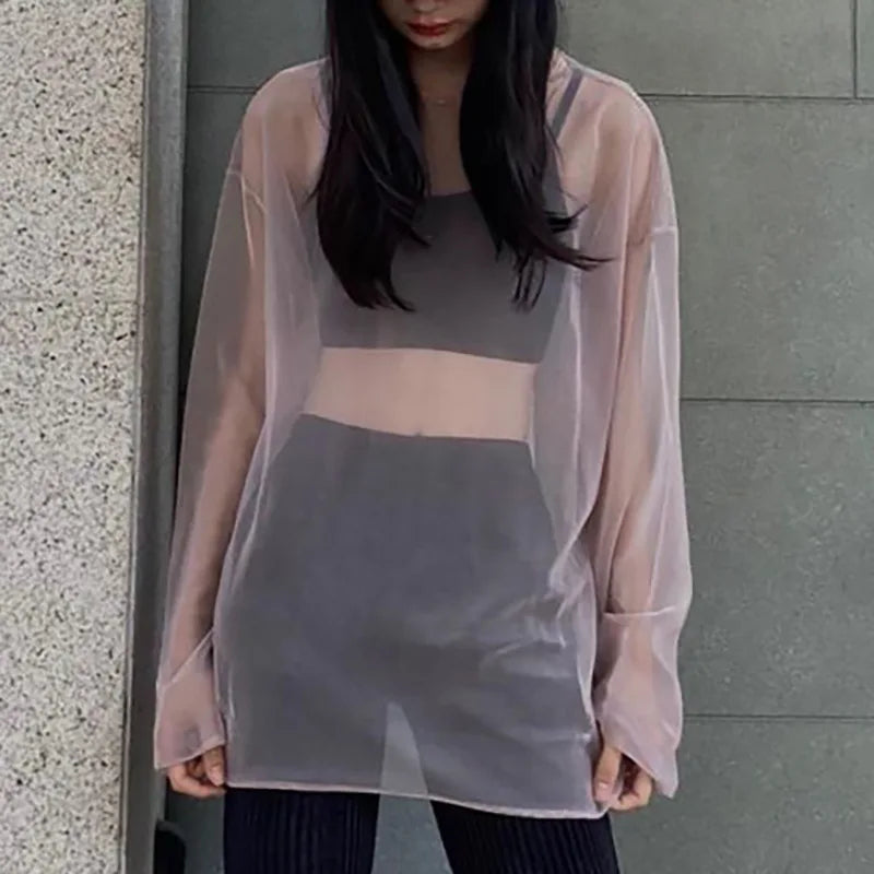 See Through T Shirts For Women Y2k Clothes Sexy Crop Tops Long Sleeve Oversized Tshirt O-Neck Club Outfit Reflective Egirl Tees