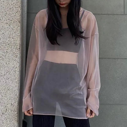 See Through T Shirts For Women Y2k Clothes Sexy Crop Tops Long Sleeve Oversized Tshirt O-Neck Club Outfit Reflective Egirl Tees