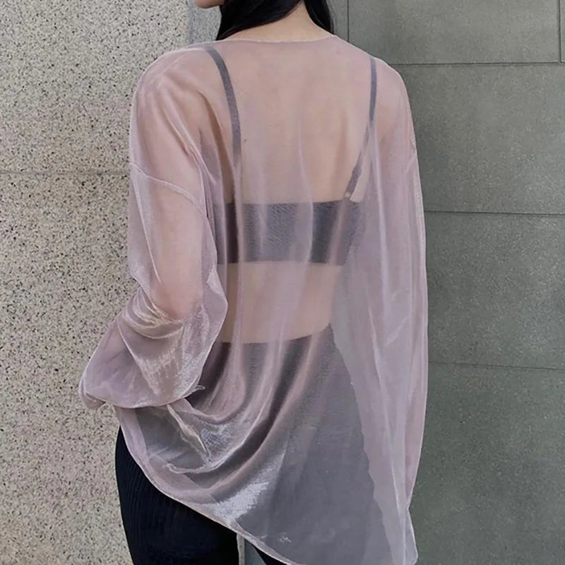 See Through T Shirts For Women Y2k Clothes Sexy Crop Tops Long Sleeve Oversized Tshirt O-Neck Club Outfit Reflective Egirl Tees