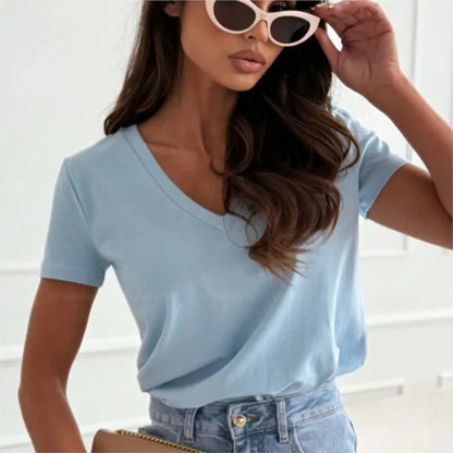 Women's Blouses T-shirt New Fashion Summer Pullover Tops White Short Sleeve Slim Fit V-Neck T-Shirt For Women Casual Clothing