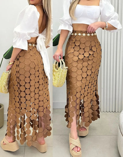 Skirts for Women 2025 Spring New Solid Color Hollow-Out Boho Tassel Slim Fit Bodycon High Waist Casual Daily Long Skirt