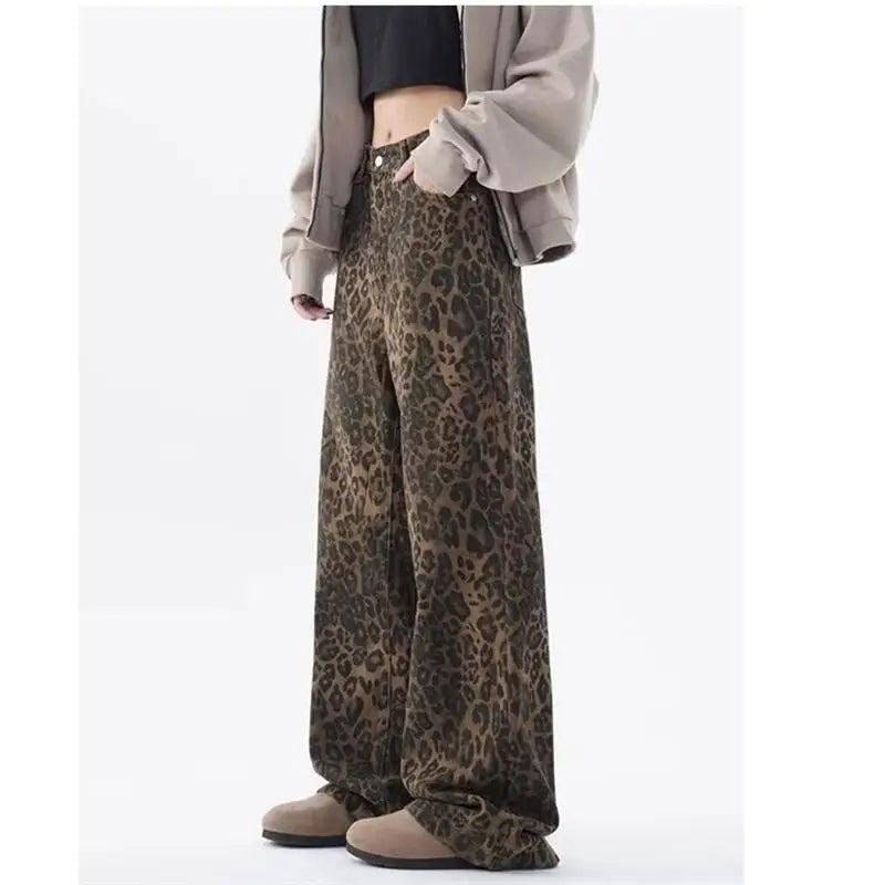 Women's leopard print jeans autumn and winter fashionable versatile loose retro casual pants straight leg wide leg pants