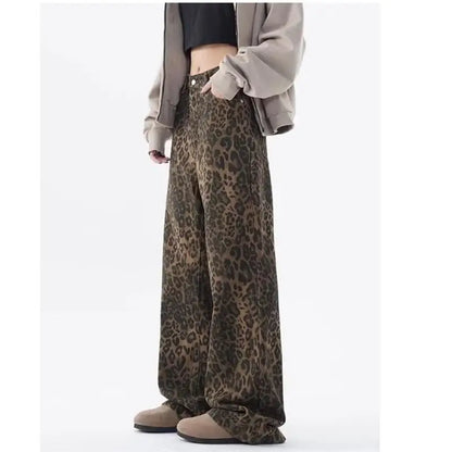 Women's leopard print jeans autumn and winter fashionable versatile loose retro casual pants straight leg wide leg pants