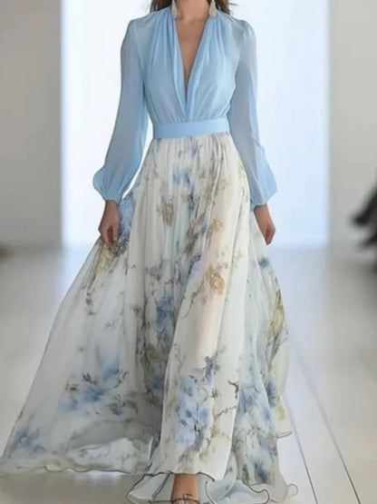 Women Elegant Print Dress Fashion Long Sleeve Deep V Neck High Waist Loose Dresses Robe Femme Holiday Party Womens Clothing New