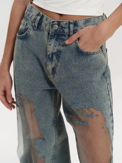 Women's Distressed Ripped Grunge Denim Jeans Gothic Dark High Waist Straight Leg Baggy Pants Trendy Hip Hop Streetwear Trousers
