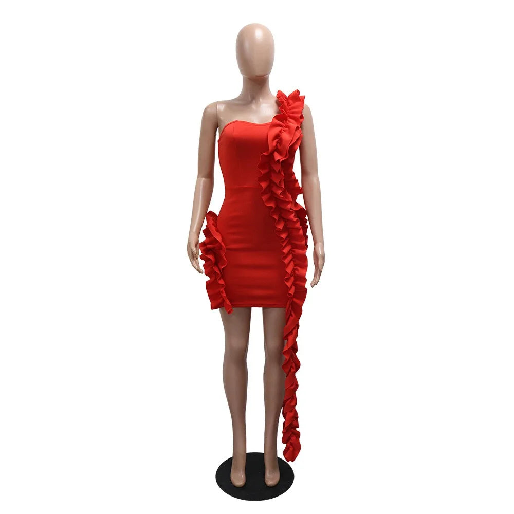 Sexy Dresses for Woman 2025 New Summer Red One Shoulder Ruffles Sheath Mini Length Elegant Ladies Evening Night Birthday Dress