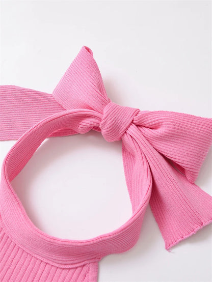 2025 Women's New Tops Summer Pink Halterneck Knitted Sleeveless Top Bow Trim Sexy Open Back Personality Fashion