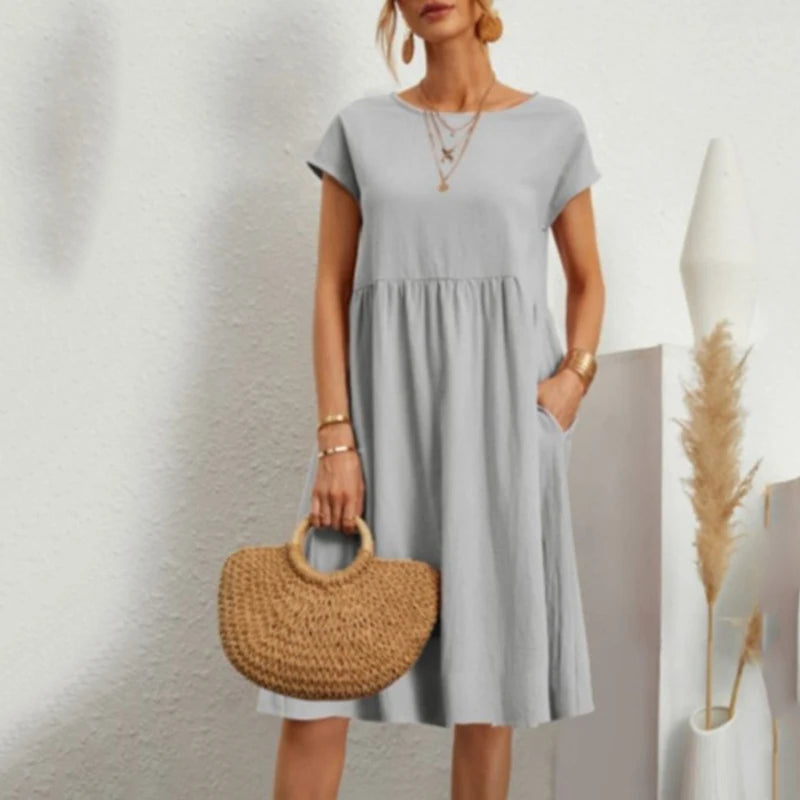 Women's Dresses 2025 Summer Fashion Casual Dresses Women Loose Mid Length Over Knee Dress New Short Sleeve Solid Dress Woman