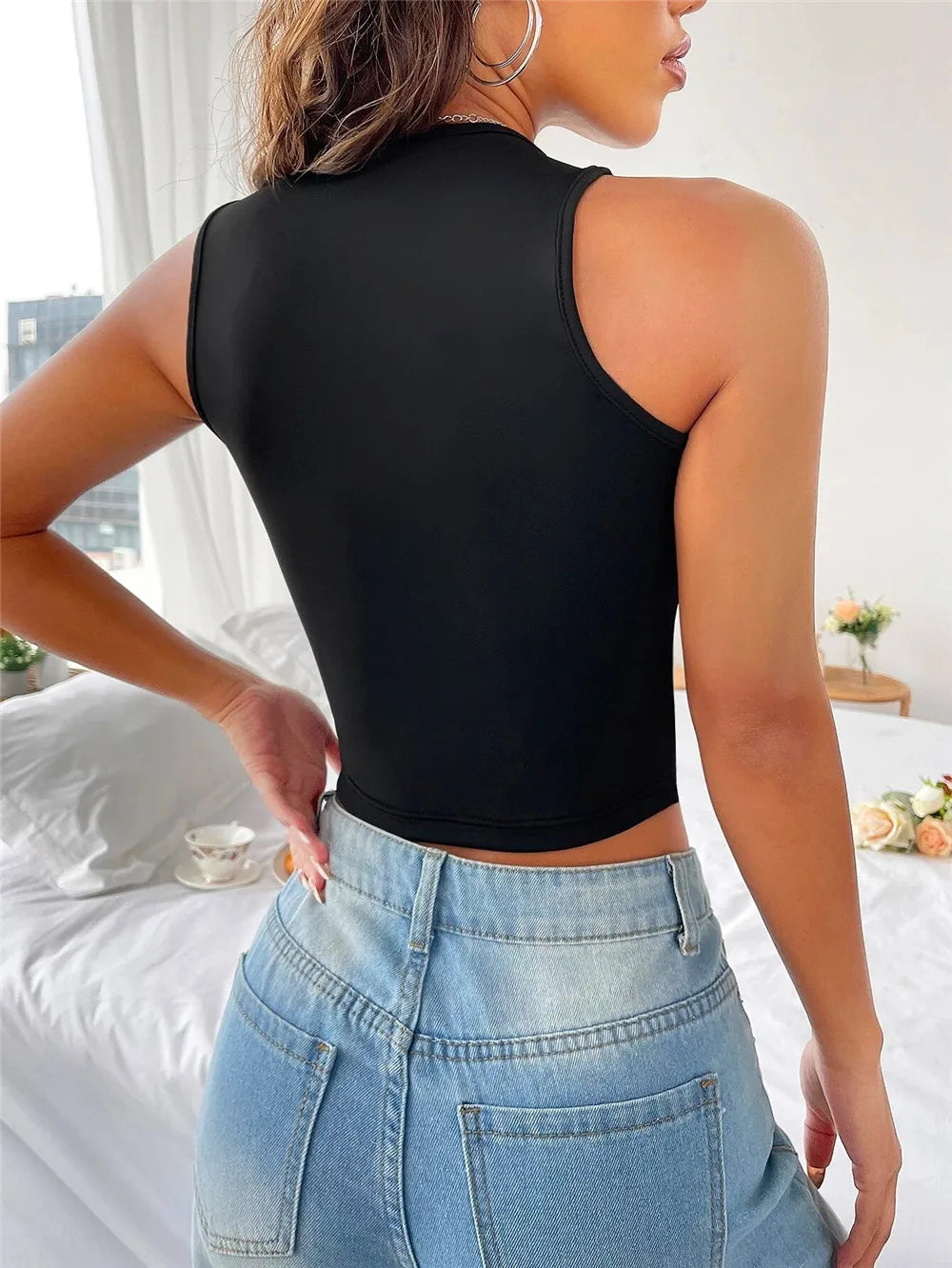 Sexy Crop Tops for Women Sleeveless Deep V Neck Workout Tops Plunge Blouse Cropped Tank Top