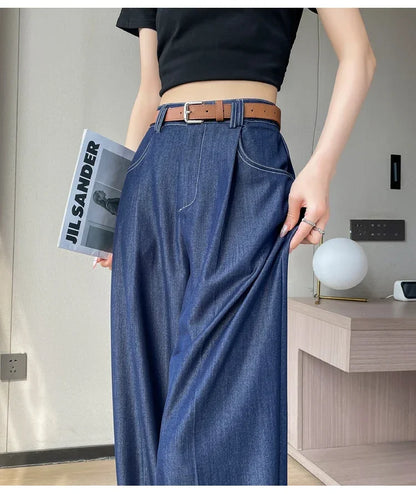 Women's Casual Basic Style Tencel Soft Ice Silk High Waisted Straight Jeans Female Commute Wide-Leg Light Blue Jeans