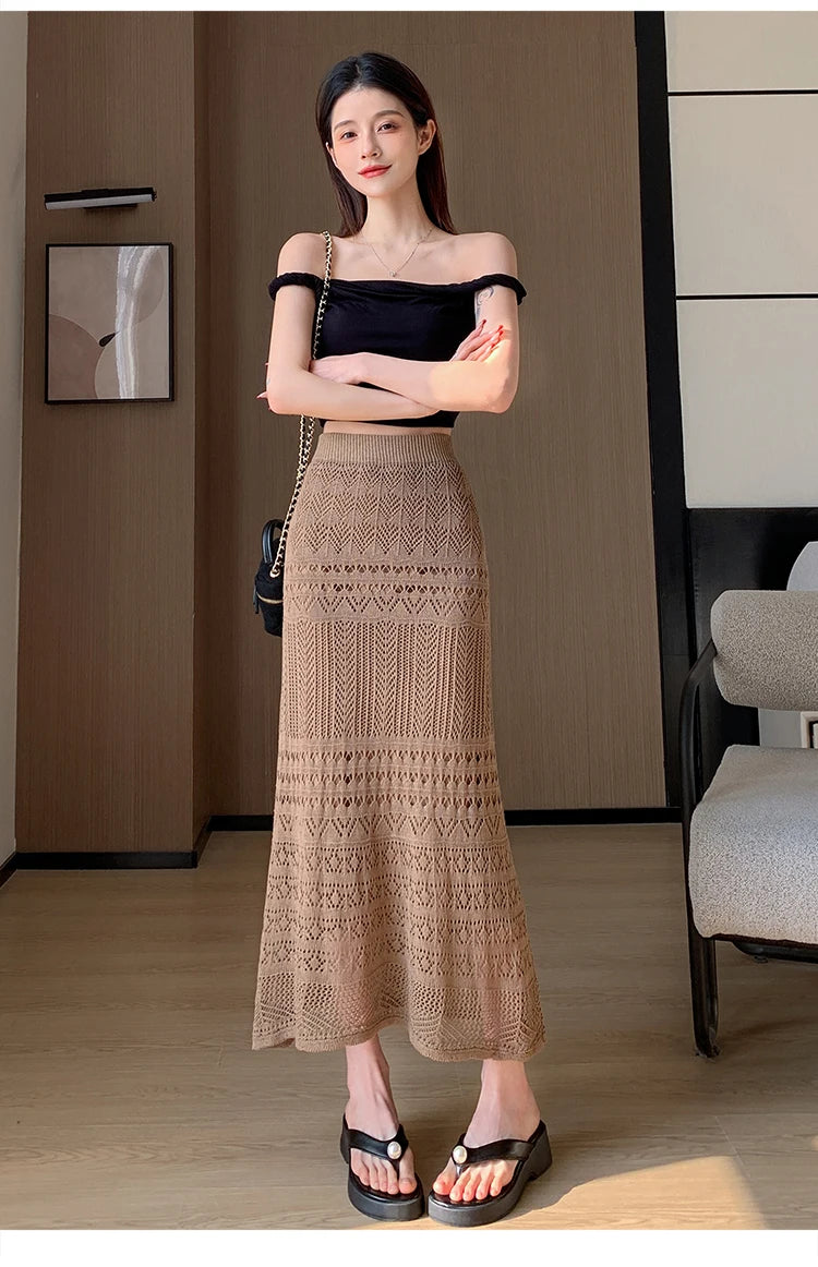 Skirts Women Trumpet High Waist Long Skirt Female Summer Elegant Knitted Hollow Out Fahison Skirt Bottom