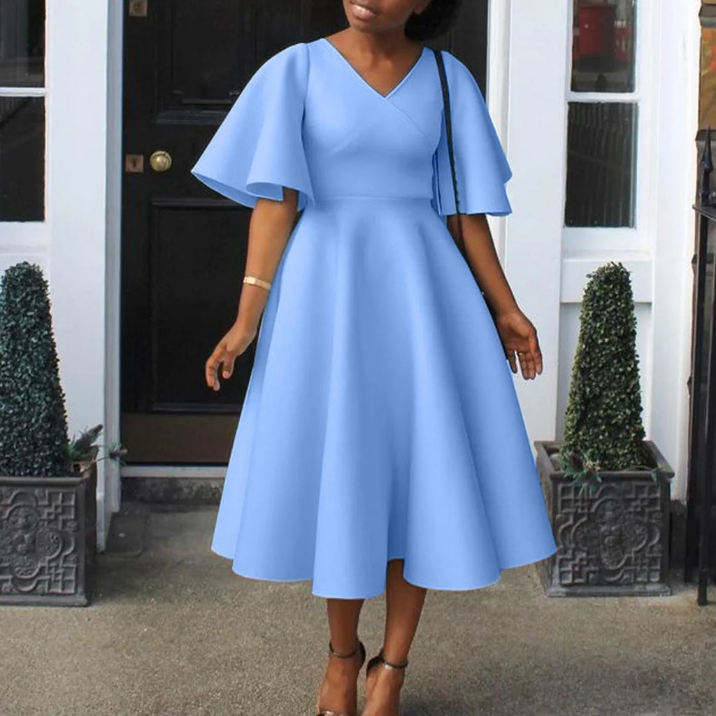 Dress Women Sexy Dresses White Round Neck Flare Sleeve Party Sheath Pleated High Waist Work Elegant Bodycon Mid Length Vestidos