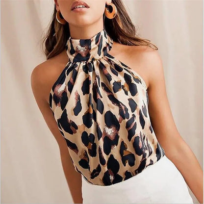 Women's Tops Sexy Leopard Print Summer Blouses And Tops Halter Neck Fashion Shirts Sleeveless T-Shirts Female Clothing