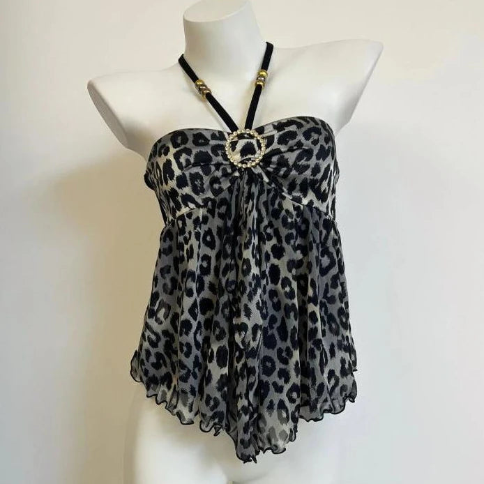 Women Clothing Summer Crop Tops 2025 Ropa Mujer Halter Backless TLoose Vest Sweet Korean Camis Korean Leopard Print Sexy Tanks