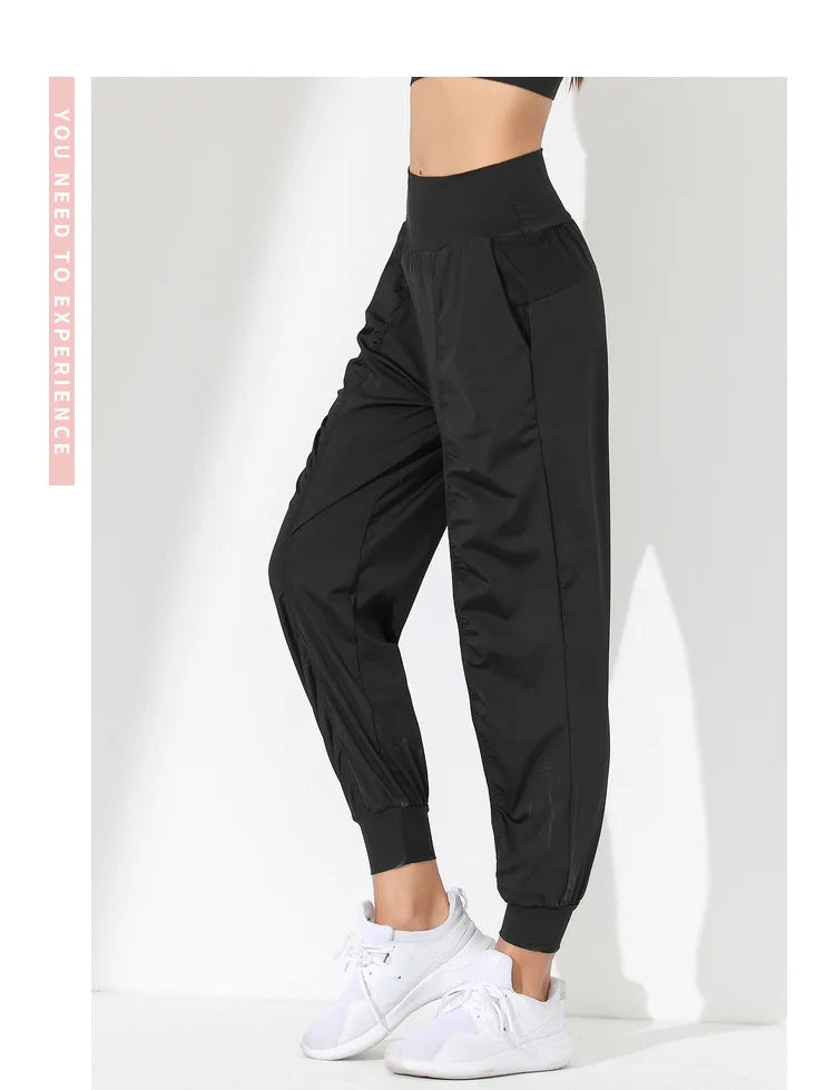 Woman Yoga Pants Hem Bound Running Fitness Loose Slim Quick-Dry Yoga Pants Pleated  Capris Pockets Jogging Pants Sports pants