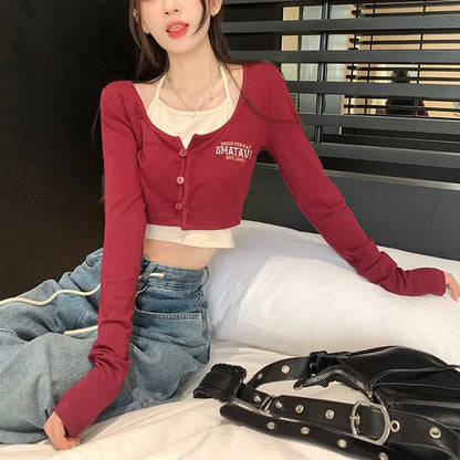 Chic Tshirts for Women Crop Tops 2025 Ropa Mujer Fake Two Tees Single Breasted Long Sleeve Tunic Camisetas Summer Y2k T-shirts