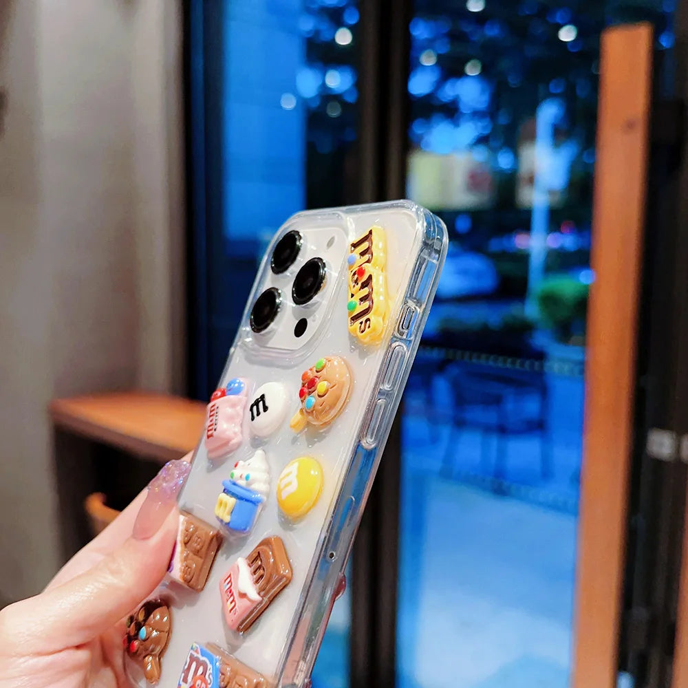 Super Cute M beans chocolate Phone Case for iPhone 16 15 14 13 12 11 Pro Max Cases Silicone Cover Transparent 3D Cartoon Funda