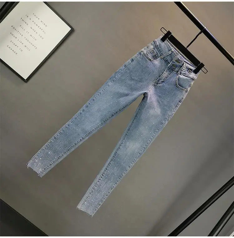 Women's Jeans 2025 Summer New Elastic Slim Heavy Industry Hot Diamond Small Foot Pencil Pants Female Casual Denim Trousers