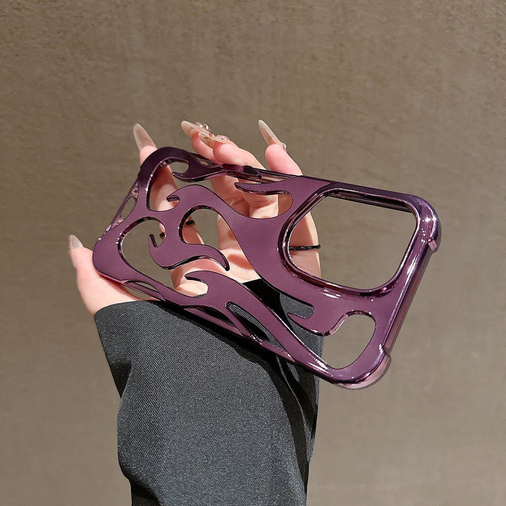 Fashion Plating 3D Hollowed Flame Phone Case For iPhone 16 15 14 13 12 11 Pro Max Fundas Creative Electroplated Soft Back Cover