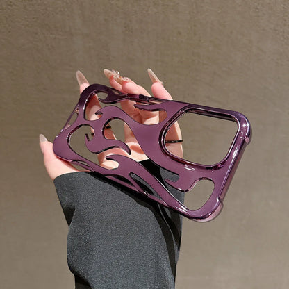 Fashion Plating 3D Hollowed Flame Phone Case For iPhone 16 15 14 13 12 11 Pro Max Fundas Creative Electroplated Soft Back Cover