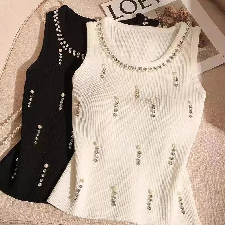 2025 New Women Vest Top Design Heavy Beads Diamonds Slim Vest Coat New Ice Silk Knitted Camisole Undershirt Women's Tops Summer