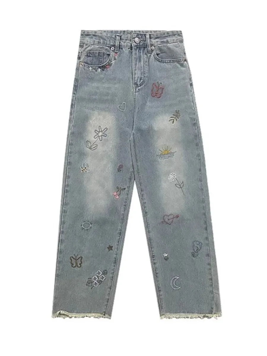 Vintage Embroidered Jeans Trousers For Women Summer 2025 New Korean Fashion High Waist Straight Retro Casual Denim Pants