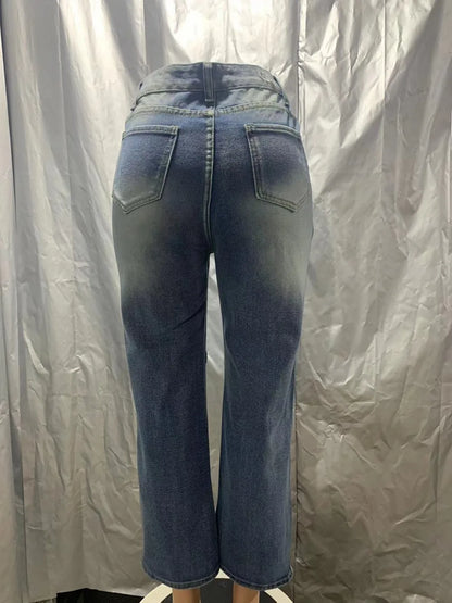 Fashion Women Cotton Jeans High Waist Vintage Wash Denim Tassels Cross Trousers Y2K Streetwear Straight Leg Pants 2024