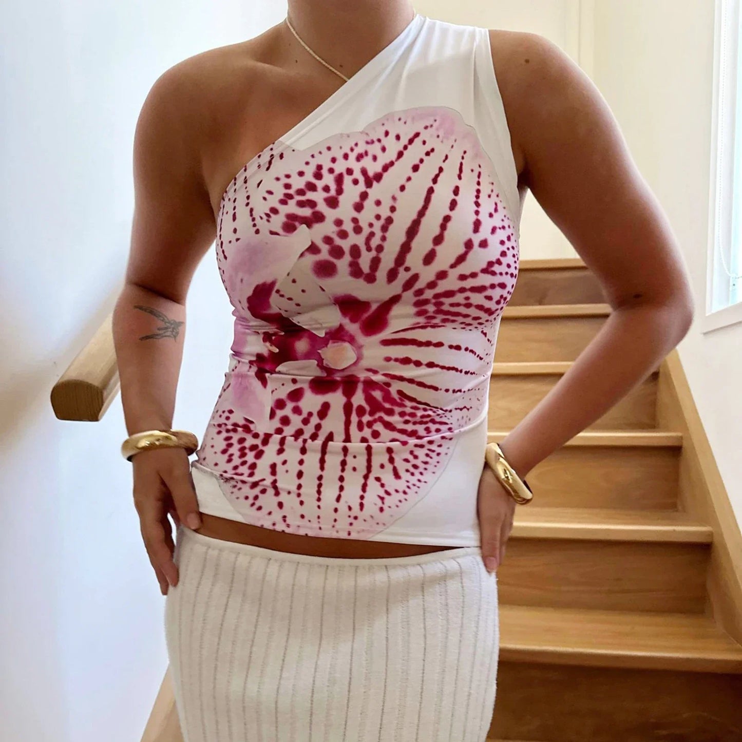 Women's Fashion One Shoulder Tops Slim Flower Print Slash Neck Backless Sleeveless Crop Shirt for Summer