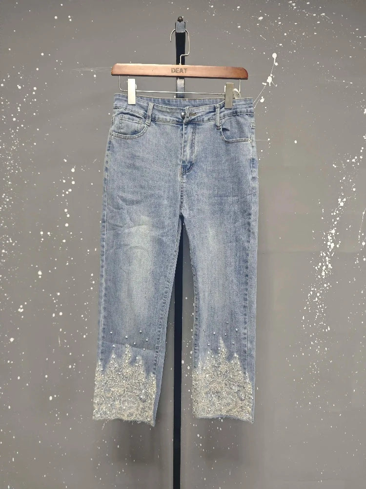 Women's Jeans High Waist Slim Hollow Out Lace Flowers Sequins Stretch Denim Pencil Pants 2025 Summer New Fashion