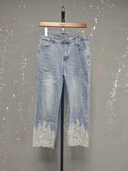 Women's Jeans High Waist Slim Hollow Out Lace Flowers Sequins Stretch Denim Pencil Pants 2025 Summer New Fashion