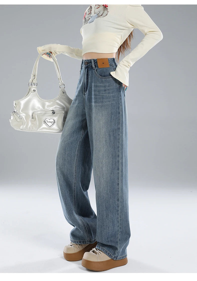 Wide Leg Jeans for Women Spring Autumn 2024 New Thin Style Retro Slimming Design Straight Pants