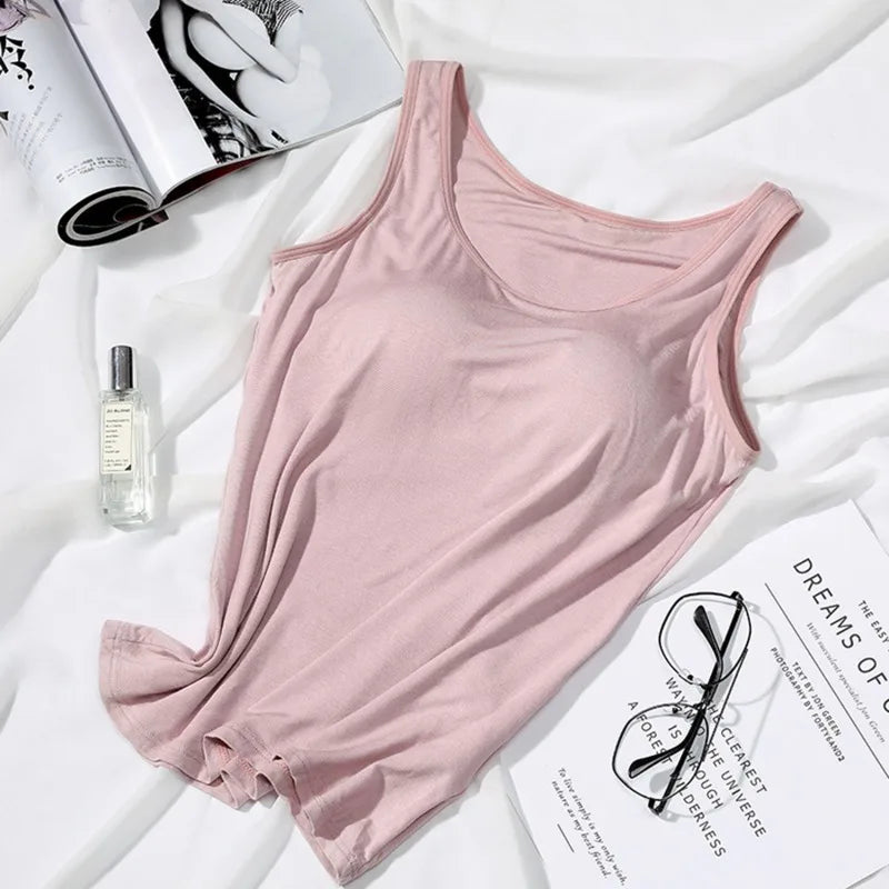 Women's Vest Tops With Built In Bra Neck Vest Padded Slim Fit Tank Tops Sexy Shirts Feminino Casual Underlay shirt slimming