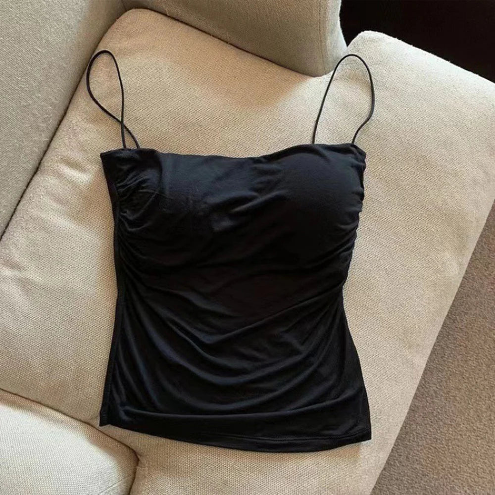 Sleeveless Tees Tank Tops For Women Camisole Vest Cropped Top Slim Fit Solid Color Spaghetti Strap Built In Bra Women Clothes
