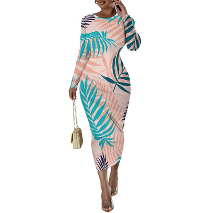 Date Night Dresses for Women Floral Print Crewneck Long Sleeve Stretchy Fitted Bodycon Maxi Dress