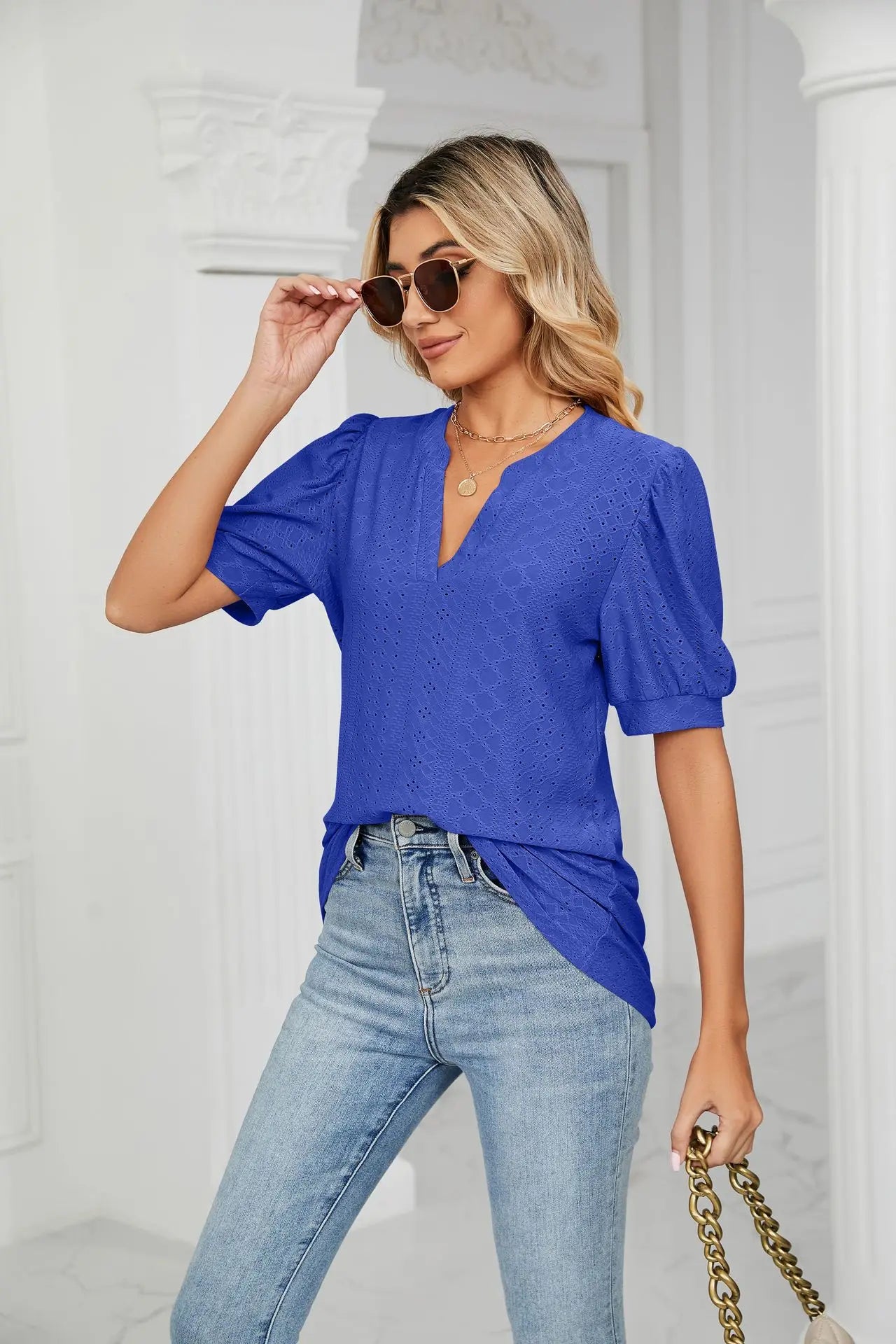 Womens Tops V Neck Ruffle Sleeve Blouses Short Sleeve Casual Tops T-Shirts for Women Autumn Winter