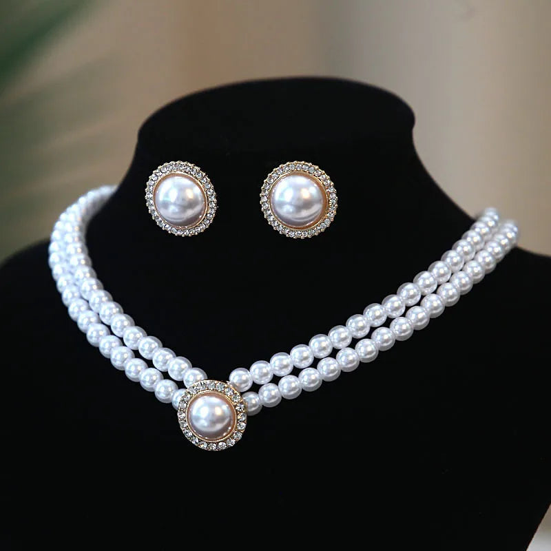 Women Elegant Pearl Double Layers Necklace Earrings Exquisite Vintage Classic Chains For Lady Party Wedding Retro Jewelry Choker