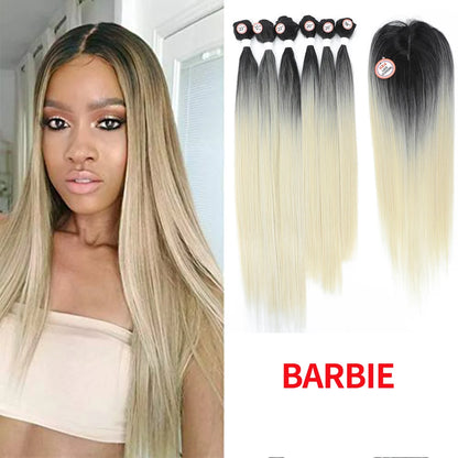 Synthetic Hair Weaving Bundles with 4*4 Clousure Lace Frontal Ombre Wig Natural Wave Straight Hair Extensions Soku Hair Weave