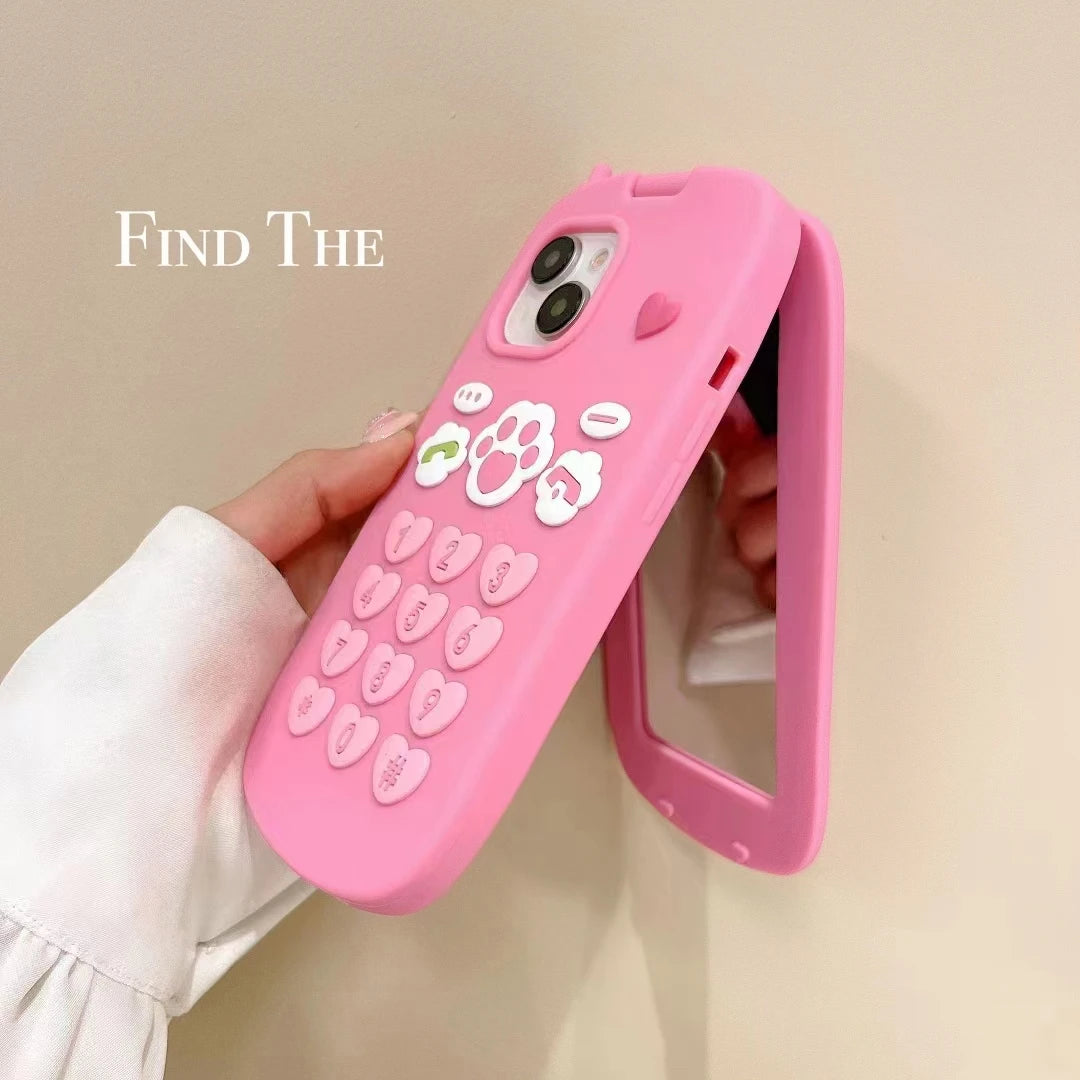 Cute 3D Hot Pink Bow Cellphone Model Flip Mirror Silicone Cases For iPhone 15 14 13 12 Pro Max 11 Shockproof Soft Cover Gifts