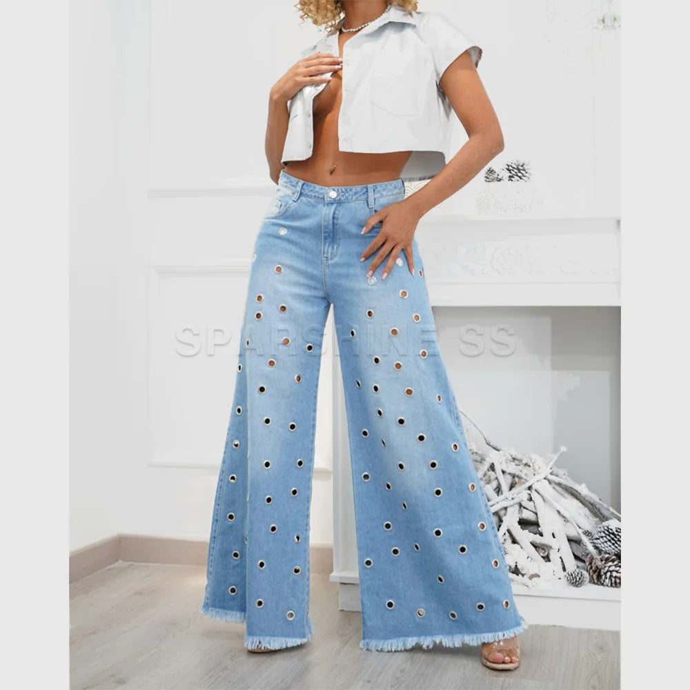 2024 New Women's Retro Flared Jeans Design Sense Casual Fitting Mid Waisted Wide Leg Pants Fashion Loose Autumn Winter Trousers