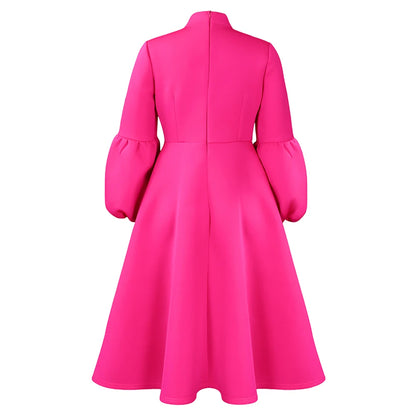 Elegant Dresses for Women Bow Collar Full Sleeve High Waisted A Line Mid Calf Luxury Female Birthday Party Dinner Vestidos Mujer