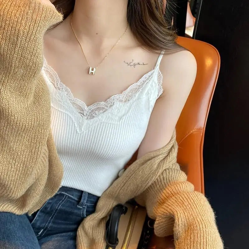 Lace Tank Top Women Cropped Cute Camis Sexy White Tank Tops Female Korean Sleeveless Black Vest Summer 2025 Coquette Y2k Clothes